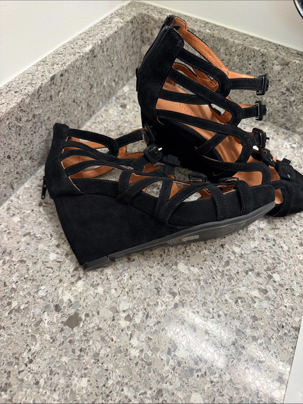 Strappy Black Suede Wedge Sandals